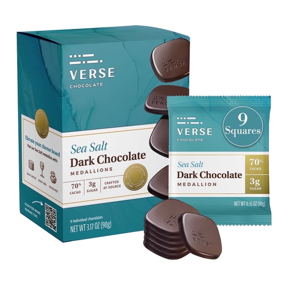 Verse Chocolate 70% Dark Chocolate Sea Salt Squares, 3g Cane Sugar, Individually Wrapped (9 Count, 1 Pack)