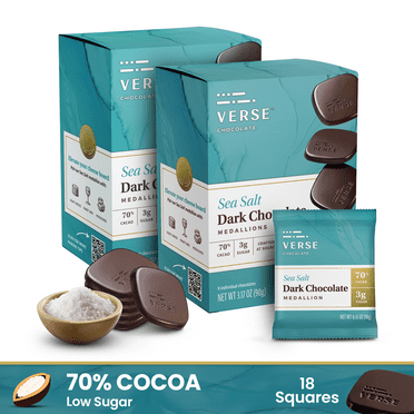 Verse Chocolate 70% Dark Chocolate Sea Salt Squares, 3g Cane Sugar, Individually Wrapped (9 Count, 2 Pack)