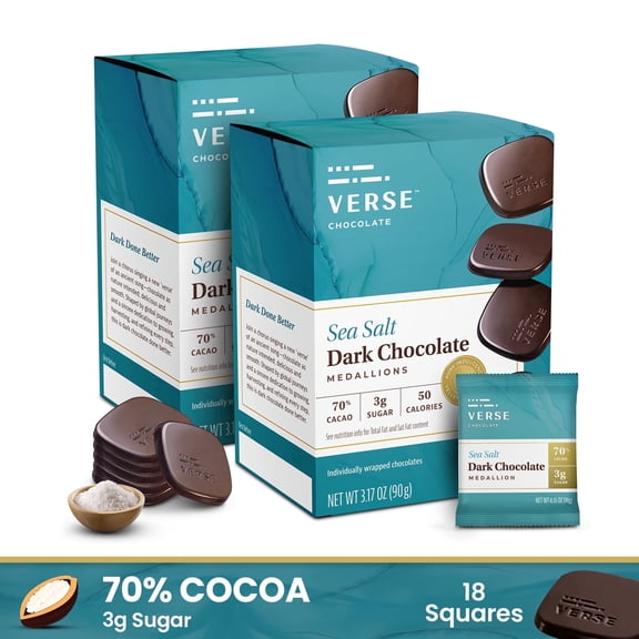 Verse Dark Chocolate Sea Salt Squares - Creamy 70% Cocoa Dark Chocolate - Gluten Free, Keto Low Sugar Snack - Only 3g Cane Sugar - Individually Wrapped Vegan Cacao Chocolate Squares (9 Count, 2 Pack)