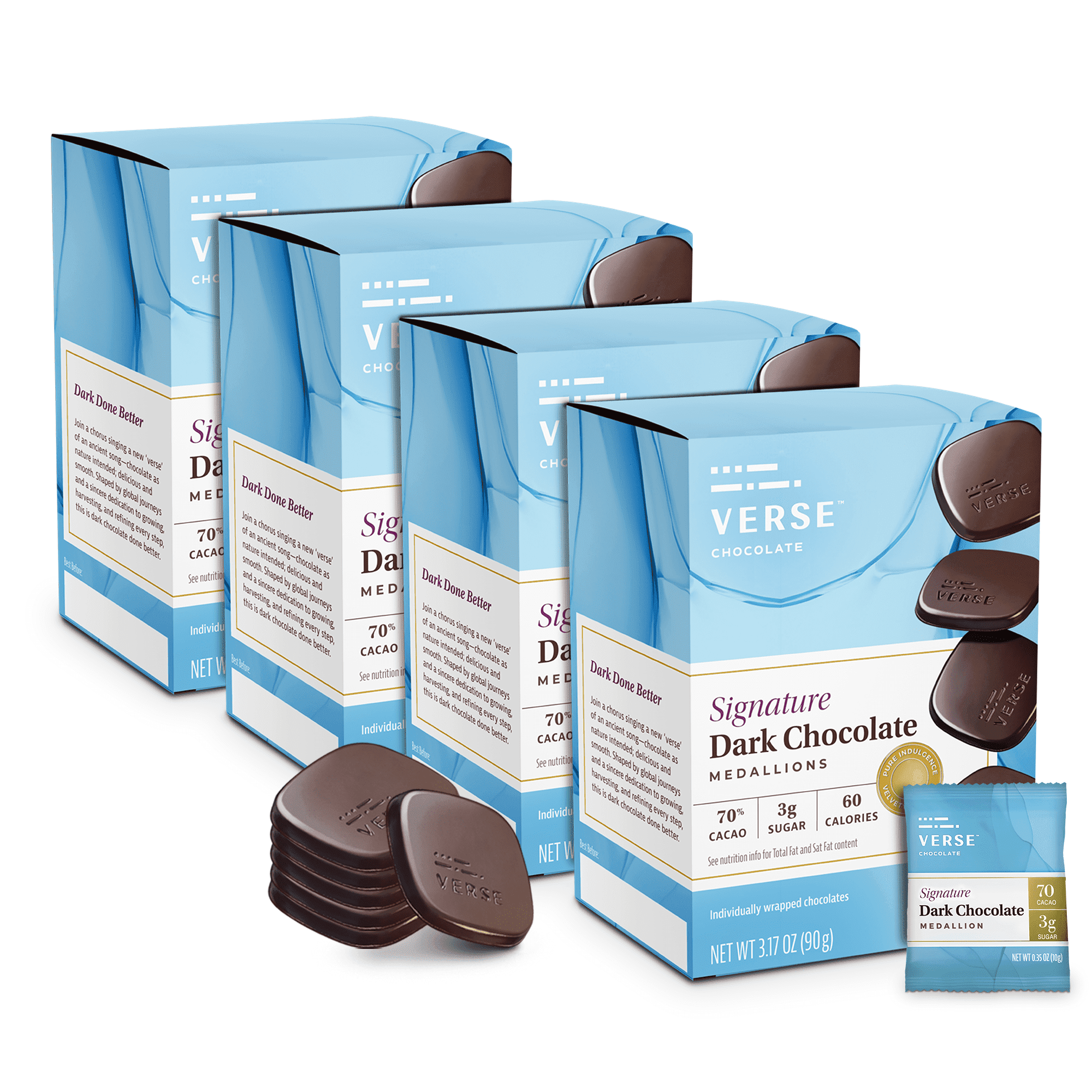 Verse Signature 70% Dark Chocolate Squares - Keto-Friendly, Low Sugar Snack - Creamy, Smooth Dark Cocoa - Only 3g Cane Sugar - Individually Wrapped Premium Cacao Chocolate Squares (9 Count, 4 Pack)