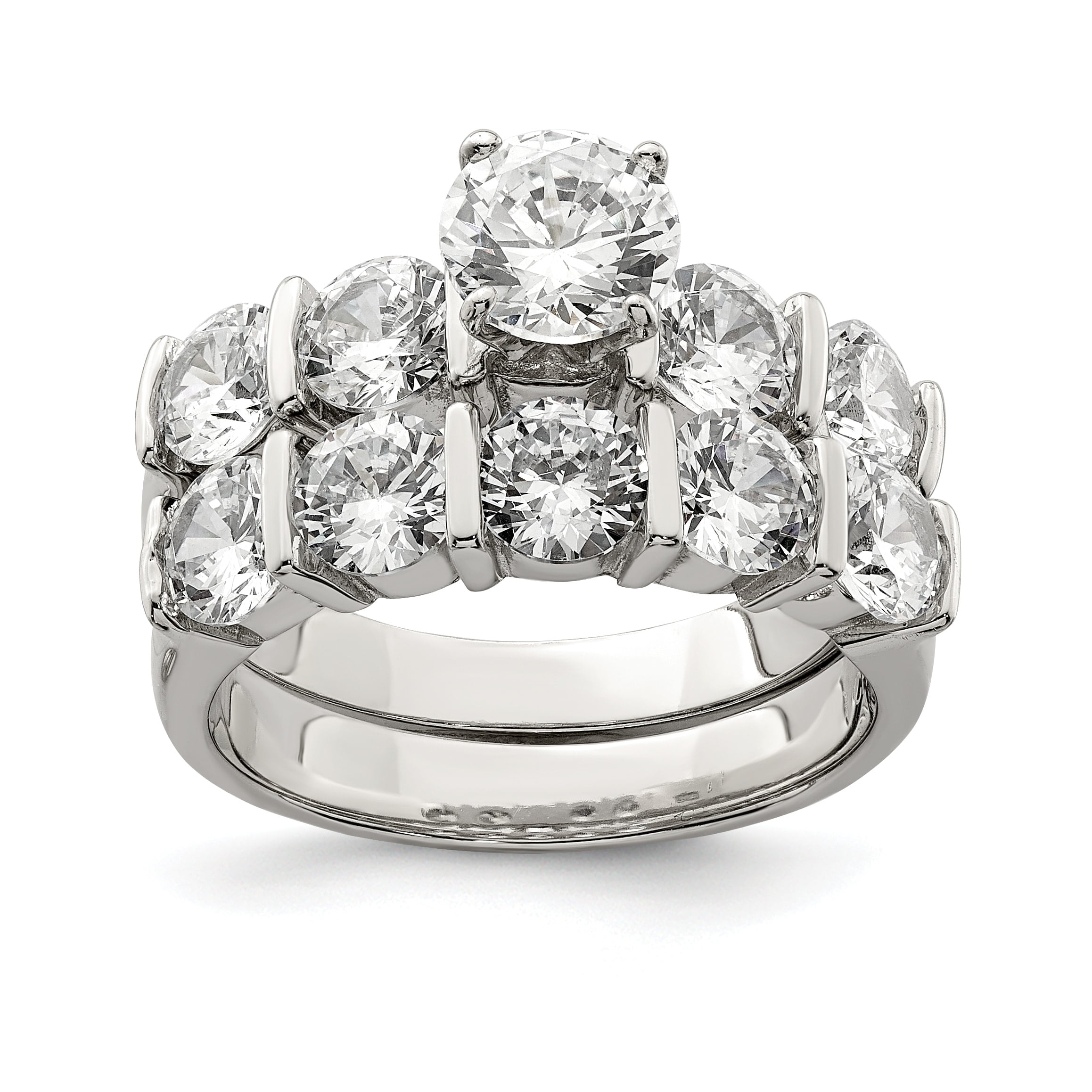Sterling Silver Rhodium Plated CZ Engagement Ring and CZ Wedding