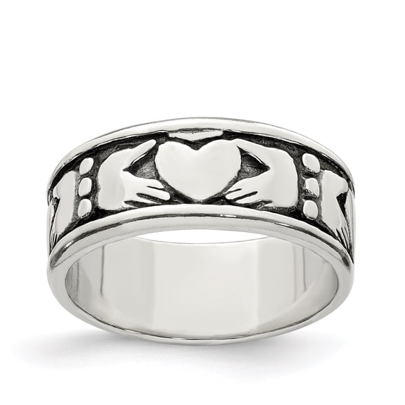 925 Sterling Silver Solid Polished Oxidized Irish Claddagh Celtic Trinity Knot Design Ring Size 10 8mm Wide Ring for Wom