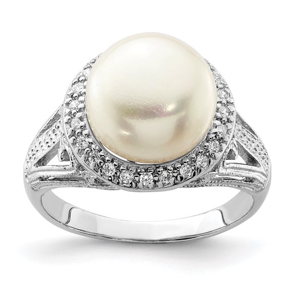Versil Sterling Silver Rhodium-plated 10-11mm White Freshwater Cultured Pearl and CZ Ring by 7