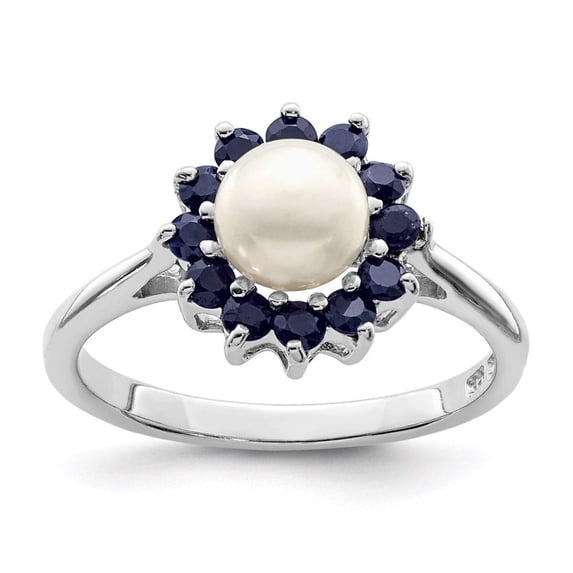 Versil Sterling Silver Rhodium-plated 6mm Freshwater Cultured Button Pearl and Sapphire Ring by