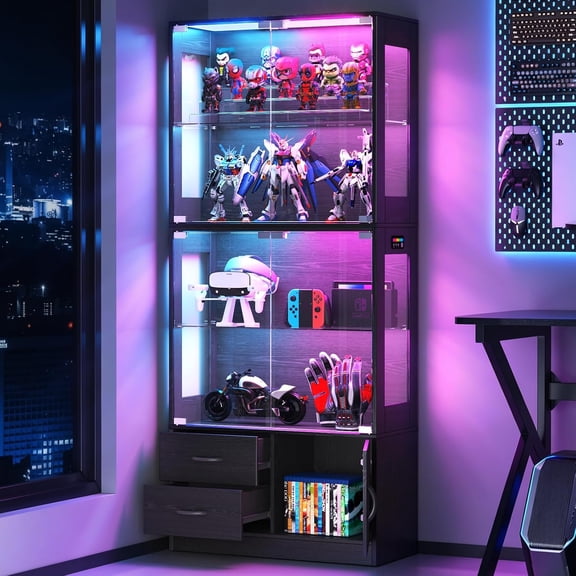 VersionTech Display Cabinet with Glass Door & LED Lights,63" 4-Tier Curio Cabinet,Motion Sensor, Collection Showcase for Living Room, Bedroom,Office,Black