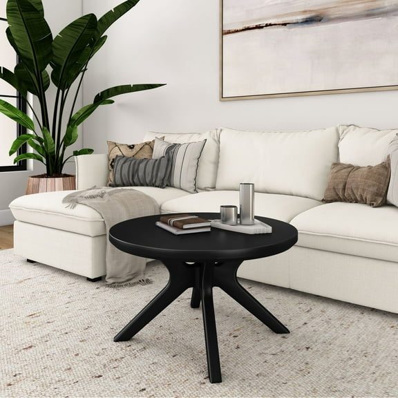 Plank+Beam Cross Leg Modern Coffee Table, 30" Solid Wood Tables for Living Room, Round Center Table