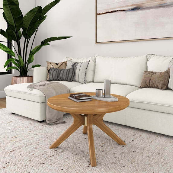 Plank+Beam Cross Leg Modern Coffee Table, 30" Solid Wood Tables for Living Room, Round Center Table