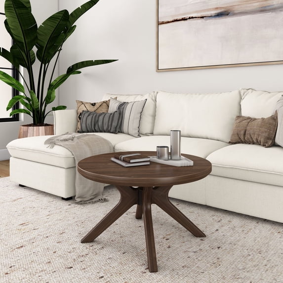 Plank+Beam Cross Leg Modern Coffee Table, 30" Solid Wood Tables for Living Room, Round Center Table