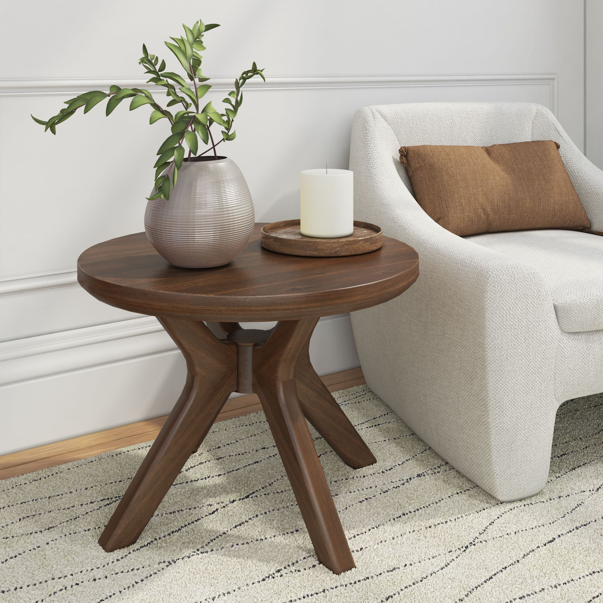 Verso 24'' Walnut Pine Wood Round Coffee Table with Cross Legs