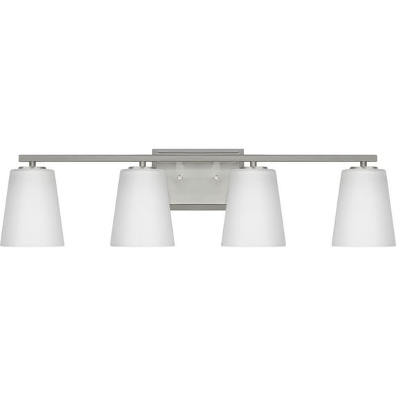 Vertex Collection Four-Light Brushed Nickel Etched White Glass Contemporary Bath Light