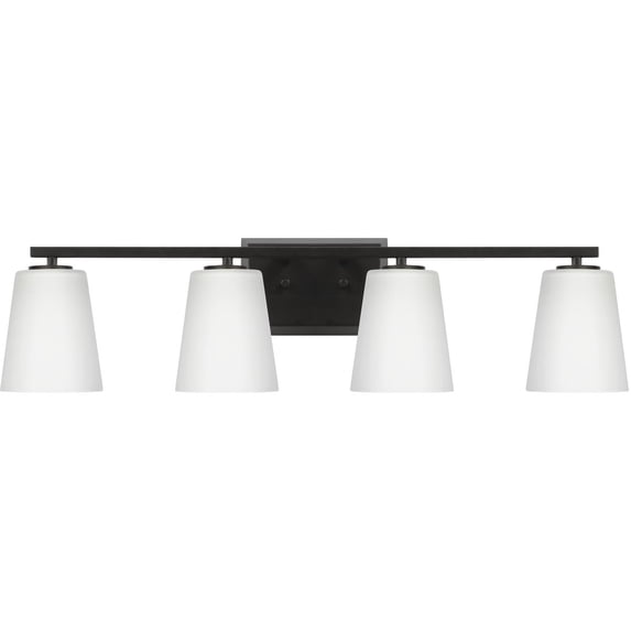 Vertex Collection Four-Light Matte Black Etched White Glass Contemporary Bath Light
