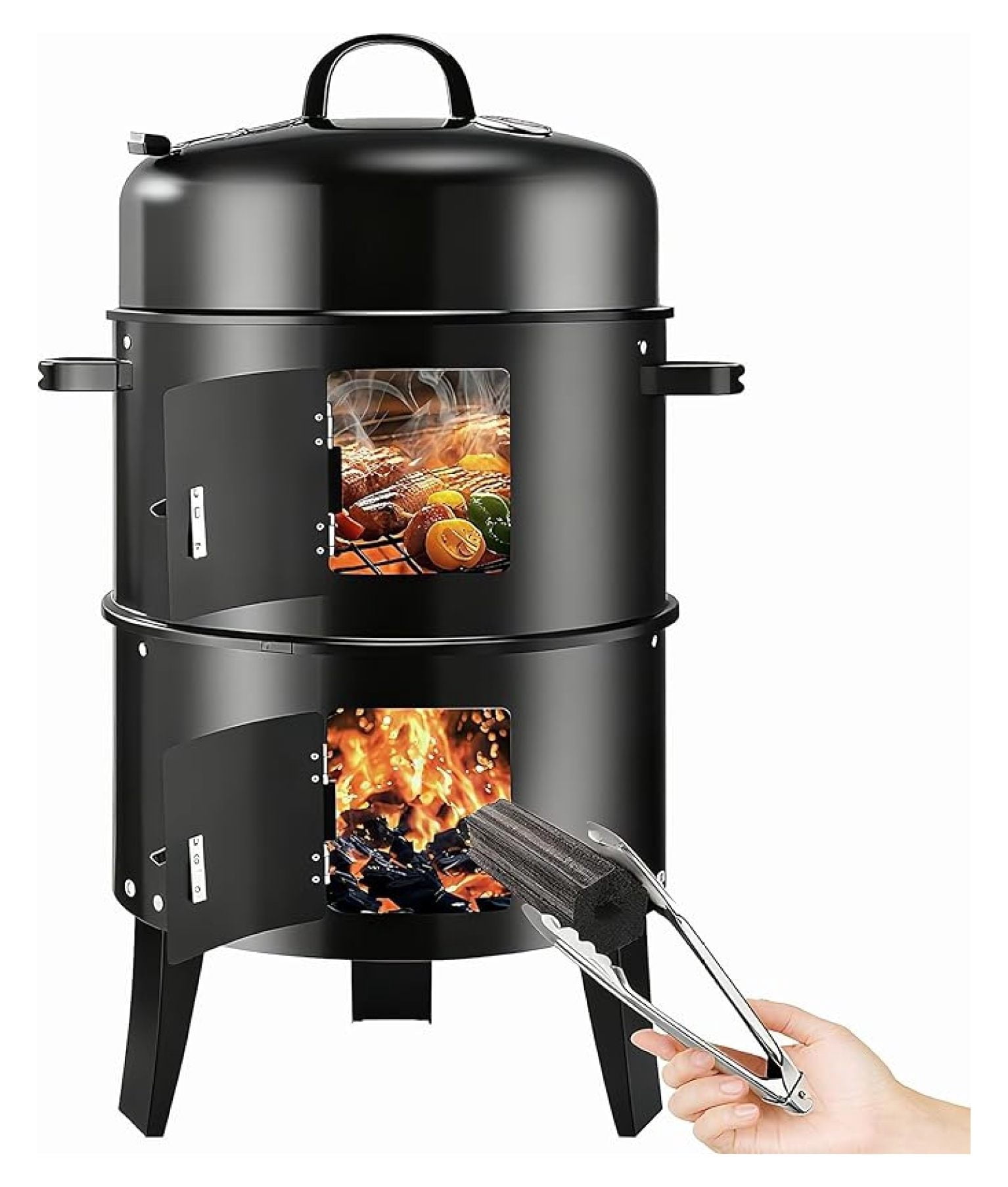 Vertical 19Inch Round Charcoal Smoker Grill,Heavy-Duty BBQ Smoker for Outdoor Multi-Layer Pellet Ideal for Meats-Offset Charcoal Grill with Thermometer,Black