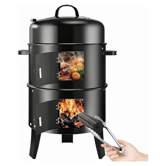 Vertical 19Inch Round Charcoal Smoker Grill,Heavy-Duty BBQ Smoker for Outdoor Multi-Layer Pellet Ideal for Meats-Offset Charcoal Grill with Thermometer,Black