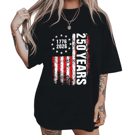 Vertical 250 Years 1776 2026 Womens S-5XL Distressed USA Flag Patriotic Graphic Short Sleeve T-Shirt Black Tops