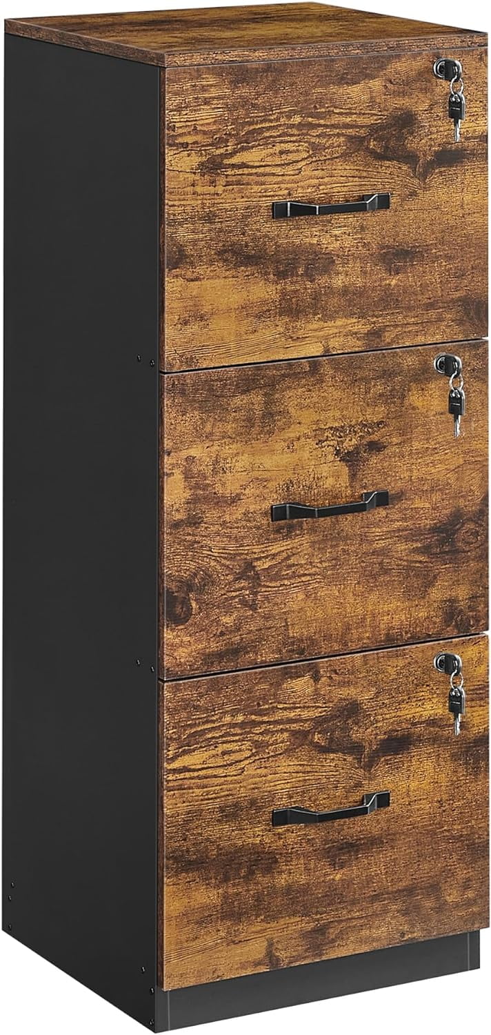 Rustic Brown and Black Lockable 3-Drawer Vertical File Cabinet