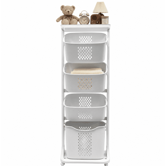 Vertical 4-Bin Laundry Hamper with Wheels, Removable Rolling Baskets Laundry Organizer Cart, White 54"15" Dirty Clothes Storage for Bathroom & Laundry Room