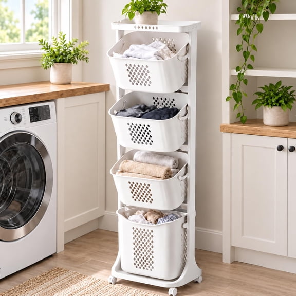 Vertical 4 Tier Laundry Basket Organizer, Rolling Laundry Sorter with Removable Baskets for Home & Laundry Room