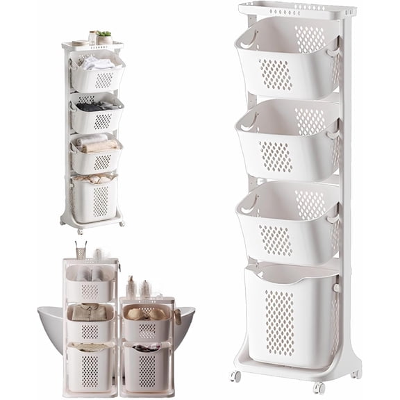 Vertical 4 Tier Laundry Basket Organizer, Stackable Hamper Sorter with Wheels, Removable Baskets for Laundry Room