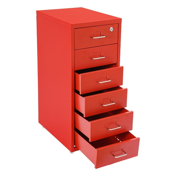 Vertical 6 Drawer File Cabinet with Lock and Wheels, Mobile Metal Office Filing Cabinets for Home Office Storage Organizer Letter Legal Accessories 11x 16 x 27 Inch Red