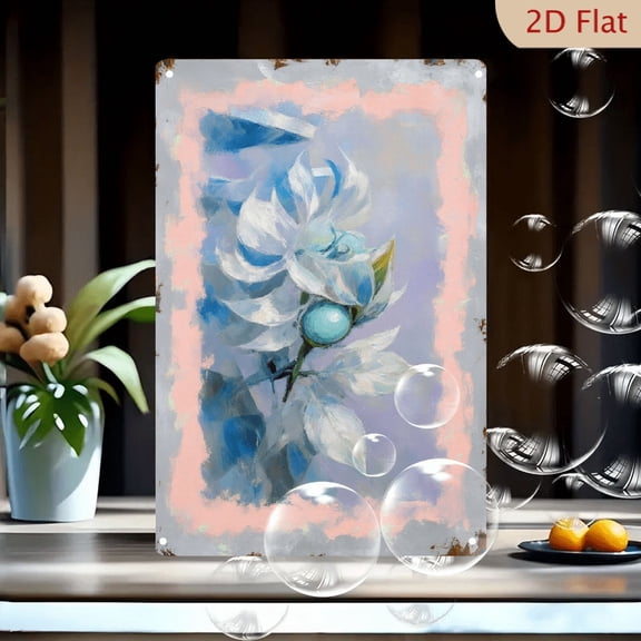 Vertical 8x12 in Abstract Floral Metal Wall Art, White & Blue Flower with Turquoise Pearl Center, Lavender Background, Rustic Distressed Frame, Painterly Style Decor for Living Room