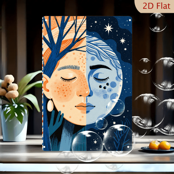 Vertical 8x12in Split-Composition Wall Art, Woman Half Earth Freckles Blue Hair and Half Moon Craters Night Sky Celestial Metal Tin Sign Graphic Illustration for Home Decor