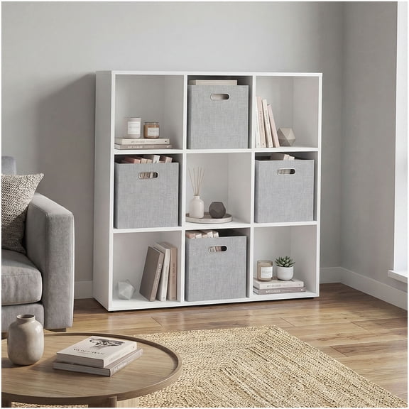 Vertical 9-Cube Display and Storage Organizer, Particle Board Construction, White Finish, with 4 Included Cloth Bins for Multi-Room Use