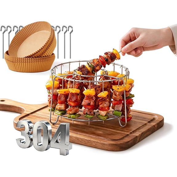 Vertical Air Fryer Skewer Rack, Stainless Steel Skewer Rack for Air Fryer, 360° Even Cooking Round Hanging Kabob Rack for Meat Chicken Vegetable, BBQ Grill (12 Skewer, Set A)