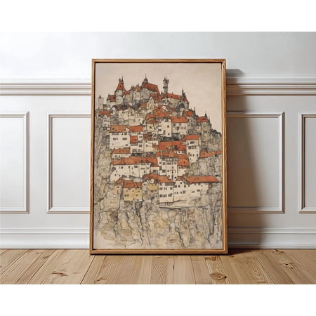 Vertical Art Medieval Cliffside Town Entryway Old World Decor