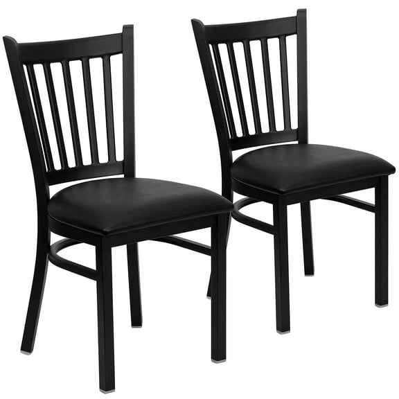 Vertical Back Metal Dining Side Chairs With Black Vinyl Seat Armless For Restaurant Kitchen Use Set Of 2