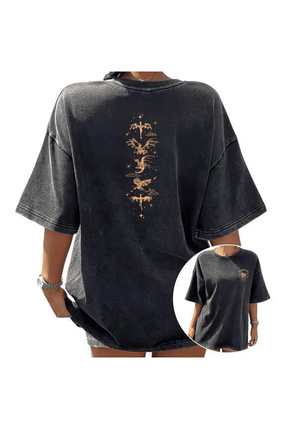 Vertical Back Print Golden Dragon Stack Black Washed Starry Cloud Print Tshirt Graphic Tees Shirts Short Sleeve S-2XL Tops