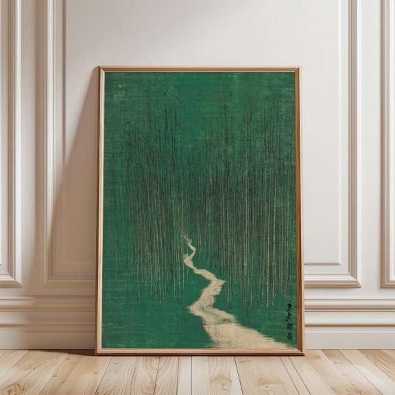 Vertical Bamboo Forest Path Japanese Woodblock Style Zen Landscape, Stretched Canvas 8x10in