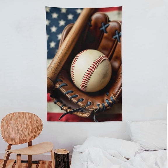 Vertical Baseball American Flag Tapestry Wall Hanging Aesthetic Home Decor for Bedroom Living Room Dorm