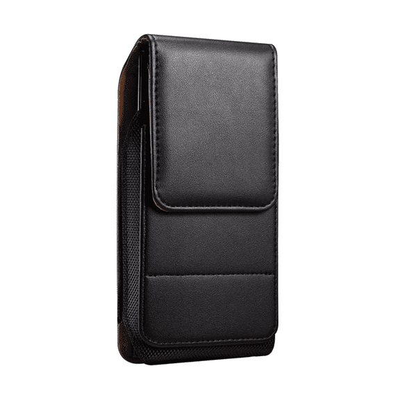 Vertical Black Leather Case with belt loops and extra compartment. Compatible with Cricket Icon Regular 2026 with a thin cover on it