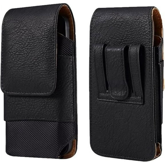 Vertical Black Leather Case with belt loops. Compatible with Boost Summit 5G with a thin cover on it