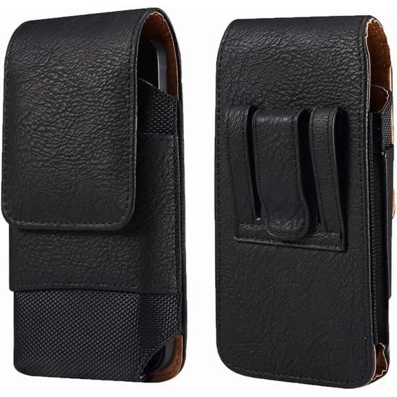 Vertical Black Leather Case with belt loops. Compatible with Lively Jitterbug Smart 5 with a thin cover on it
