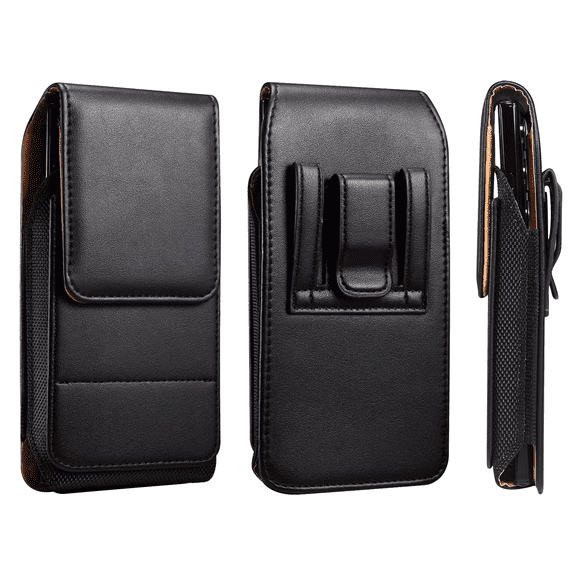 Vertical Black Leather Magnetic Belt Loop Case is compatible with iPhone 17 PRO, 16 PRO, 15 PRO, 14 PRO, 13 PRO Regular size Phone with a thin cover on it. Will NOT fit Pro MAX models.