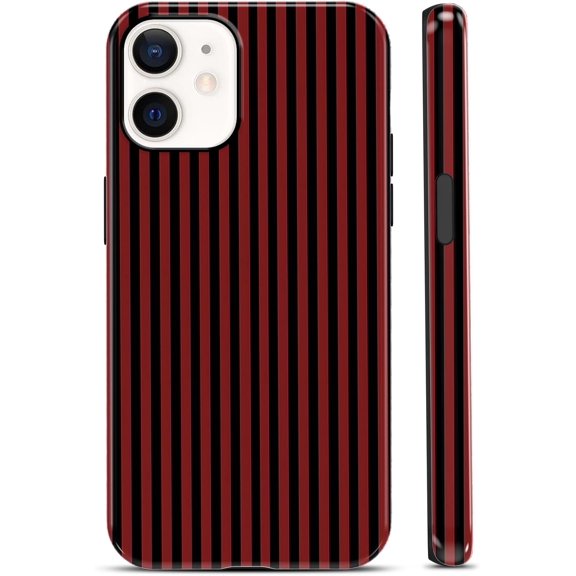 Vertical Black Red Striped Pattern Phone Case for iPhone 12 Mini 5, 4", Cute Fashion Retro Stripe Pattern Glossy Phone Cover Shockproof Soft TPU Hard PC Protection Girls Boy Funda