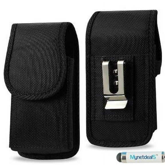 Vertical Black Rugged Canvas Case Pouch Holster for Vodafone Smart E8, Smart N8, Turbo 7, Prime 7 ,w/Metal Clip and Belt Loop. (MH02D) + MYNETDEALS Stylus