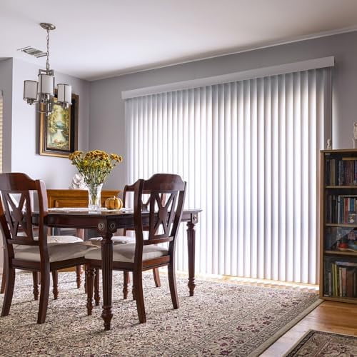 Vertical Blinds for  & Sliding Glass Door - 78" inches Width x 84" inches Height - Curved White - Room Darkening PVC for Privacy - Cordless Wand Control to Rotate slats and Pull to Either Side