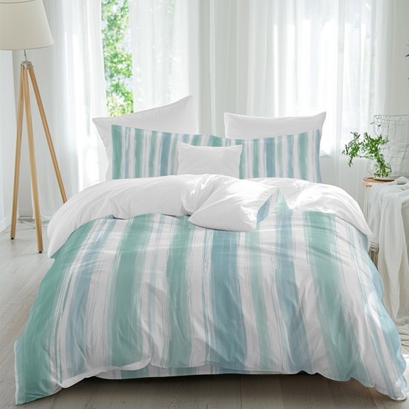Vertical Brushstrokes Comforter Set Twin Size, Modern Minimalist Teal Paint Lines Stripe Soft Bedding Set for Man Woman, 4 Pieces Duvet Cover Set with Flat Sheet, 2 Pillowcases