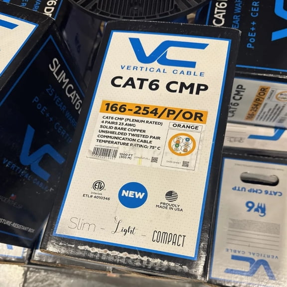 Vertical Cable 166-254/P/OR CAT6 Plenum Ethernet Cable 1000ft Orange 23AWG Solid Copper UTP CMP 550MHz USA Made VC-CAT6-CMP-166-254/P/OR 166-254/P/OR