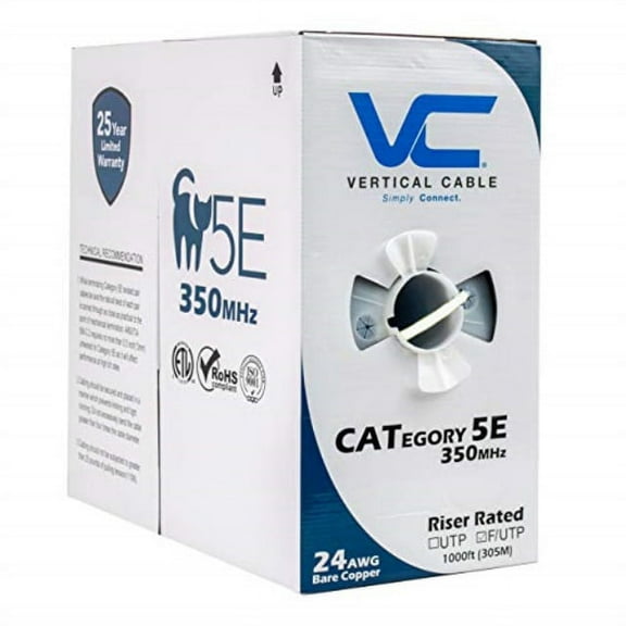 Vertical Cable Cat5e, 350 MHz, Shielded, 24AWG, Solid Bare Copper, 1000ft, White, Bulk Ethernet Cable