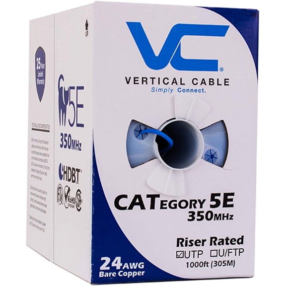 Vertical Cable 1000ft Solid Cat5E Cable - 24AWG 350MHz CMR Bare Copper Bulk Ethernet Blue