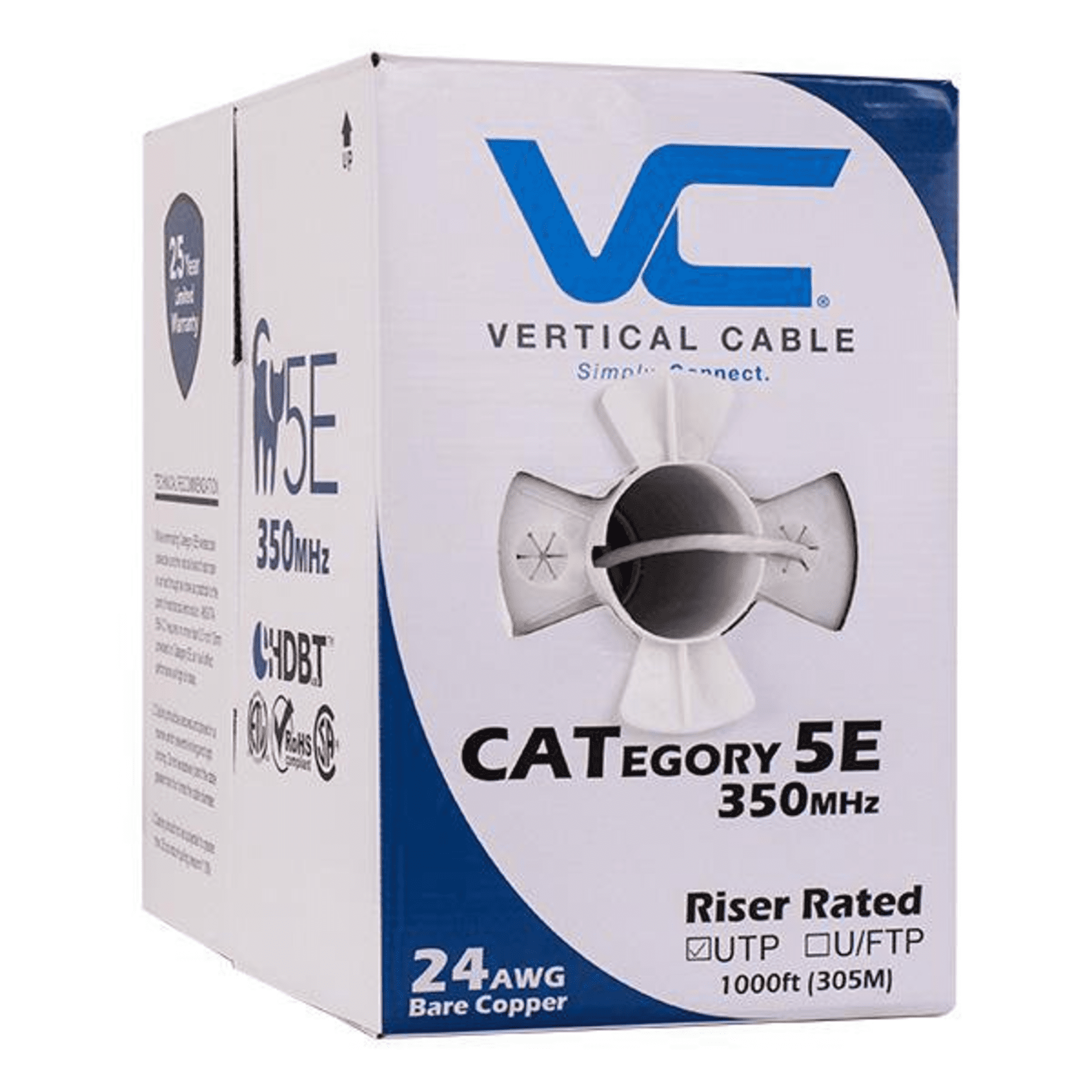 Vertical Cable 1000ft Solid Cat5E Cable - 24AWG 350MHz CMR Bare Copper Bulk Ethernet White