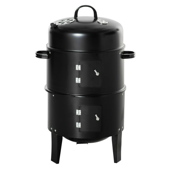 Vertical Charcoal BBQ Smoker, 3-in-1 16" Round Charcoal Barbecue Grill with 2 Cooking Area, and Thermometer for Outdoor Camping Picnic Backyard Cooking, Black