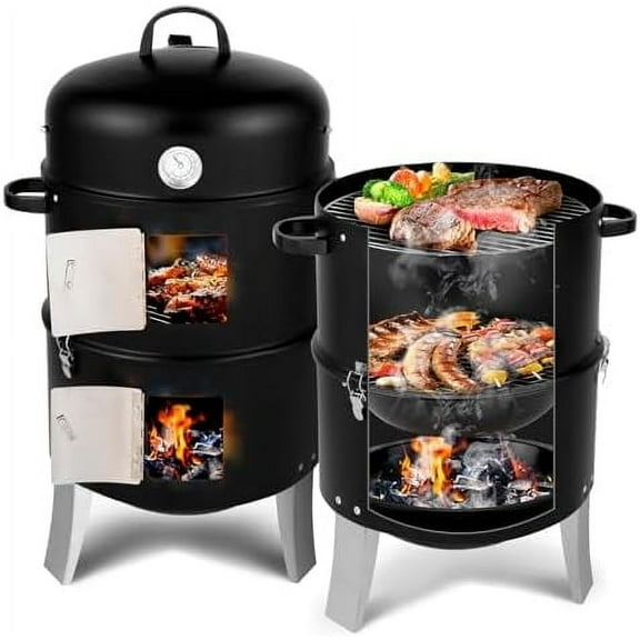 Vertical Charcoal Smoker Grill - Heavy Duty Double Layer Outdoor BBQ Smoker with Built-in Thermometer, 453 sq in Cooking Space, Portable Steel Design for Backyard, Camping & Parties (Black)