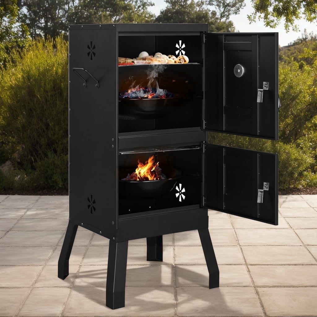 Vertical Charcoal Smoker with Double Doors, 2 Grill Racks