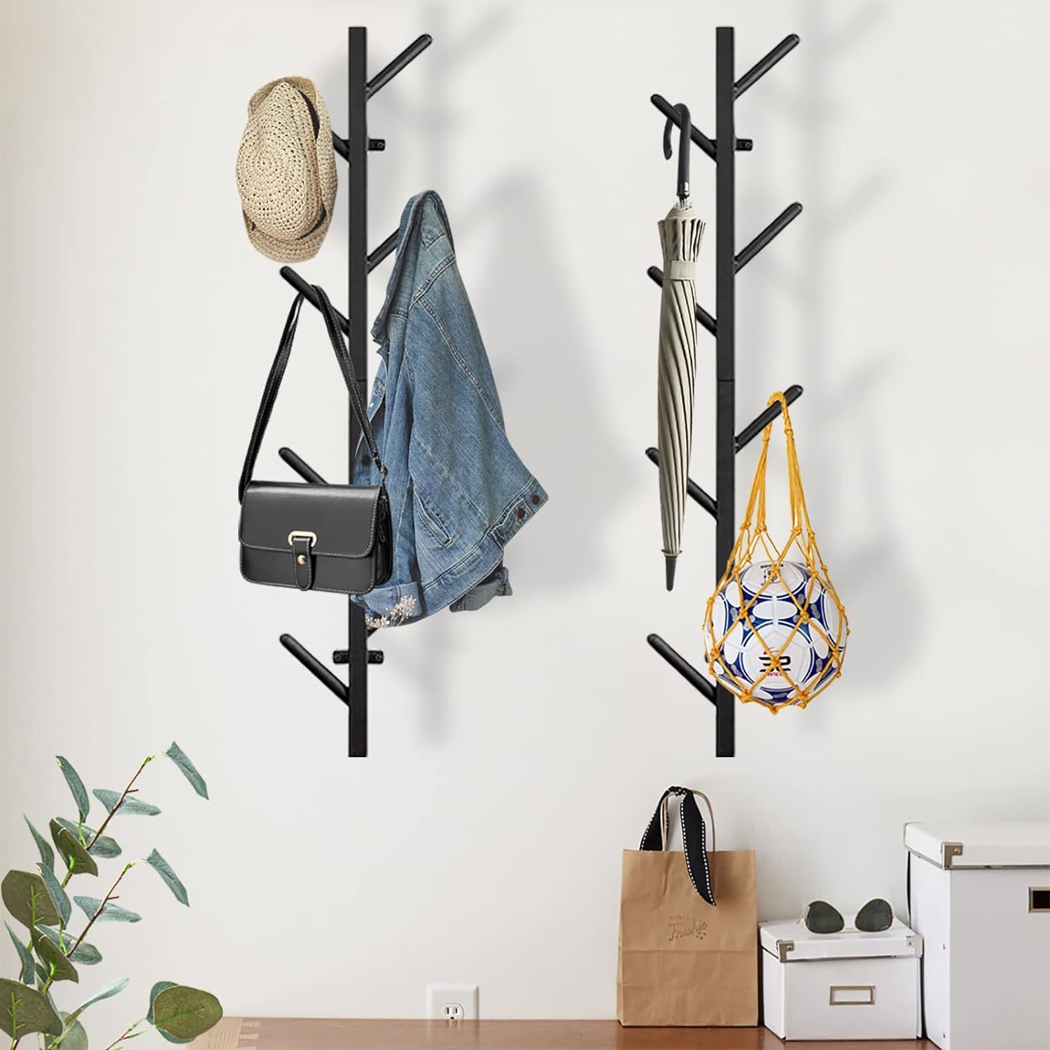 Vertical Coat Rack Wall Mount Set of 2, Black Modern Metal Coat Hanging ...
