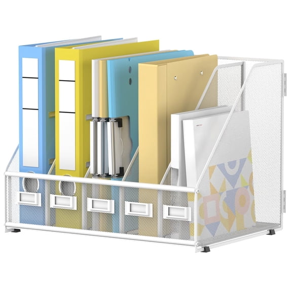 Vertical Compartments Magazine File Holder, Binder Organizer,Space-Saving Desktop Storage, Built-In Label Holders, Anti-Slip Feet, Sized for Binders, Folders, Magazines and Files