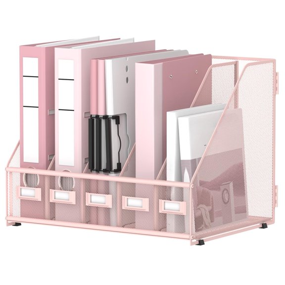 Vertical Compartments Magazine File Holder, Binder Organizer,Space-Saving Desktop Storage, Built-In Label Holders, Anti-Slip Feet, Sized for Binders, Folders, Magazines and Files